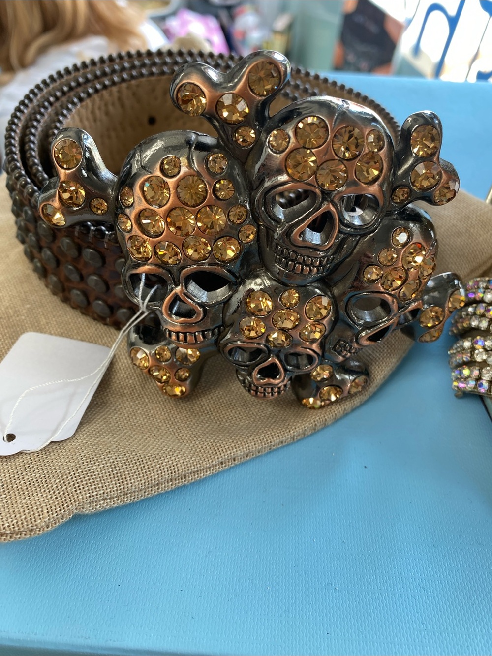 B.B. Simon Amber Crystal Skull Cluster Belt